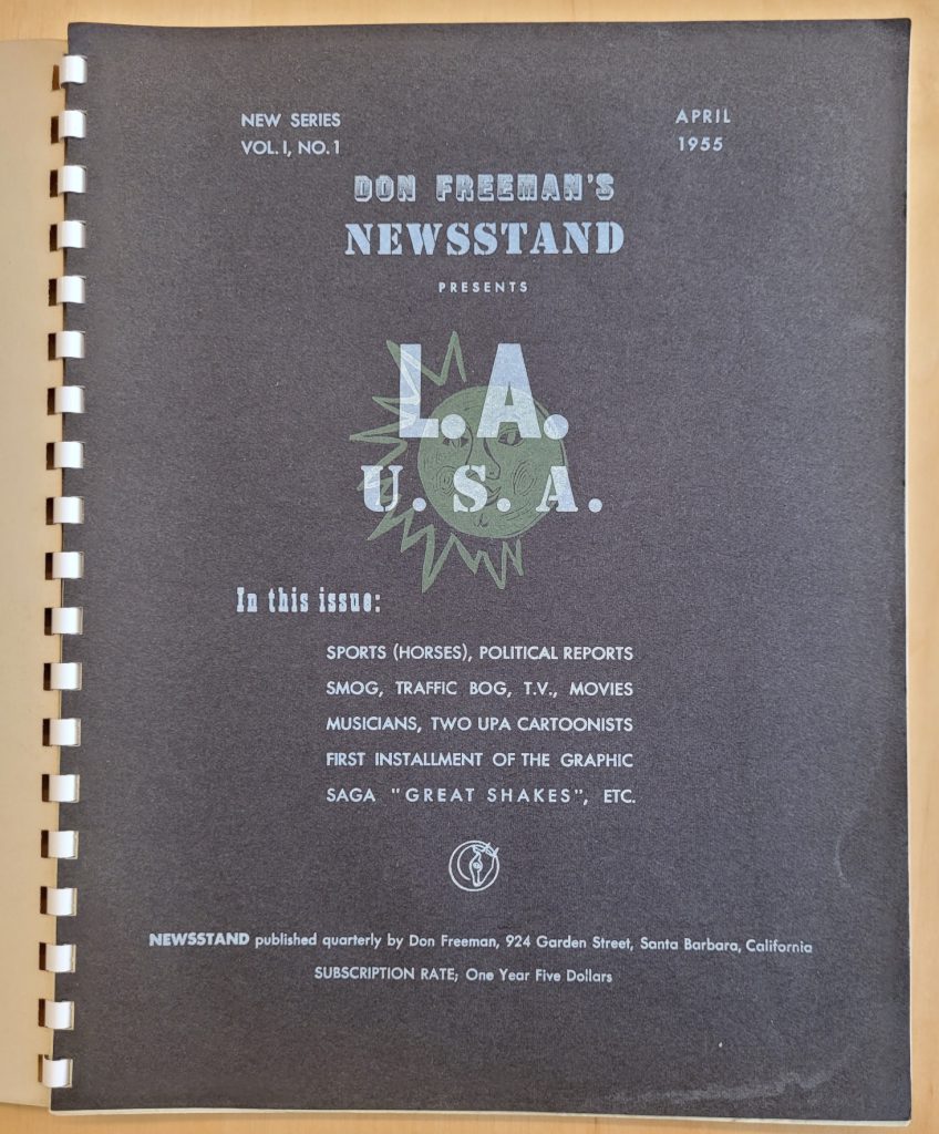 Index page of Don Freeman's, Newsstand April 1955, referencing the 'First instalment of the Graphic Saga "Great Shakes"'.