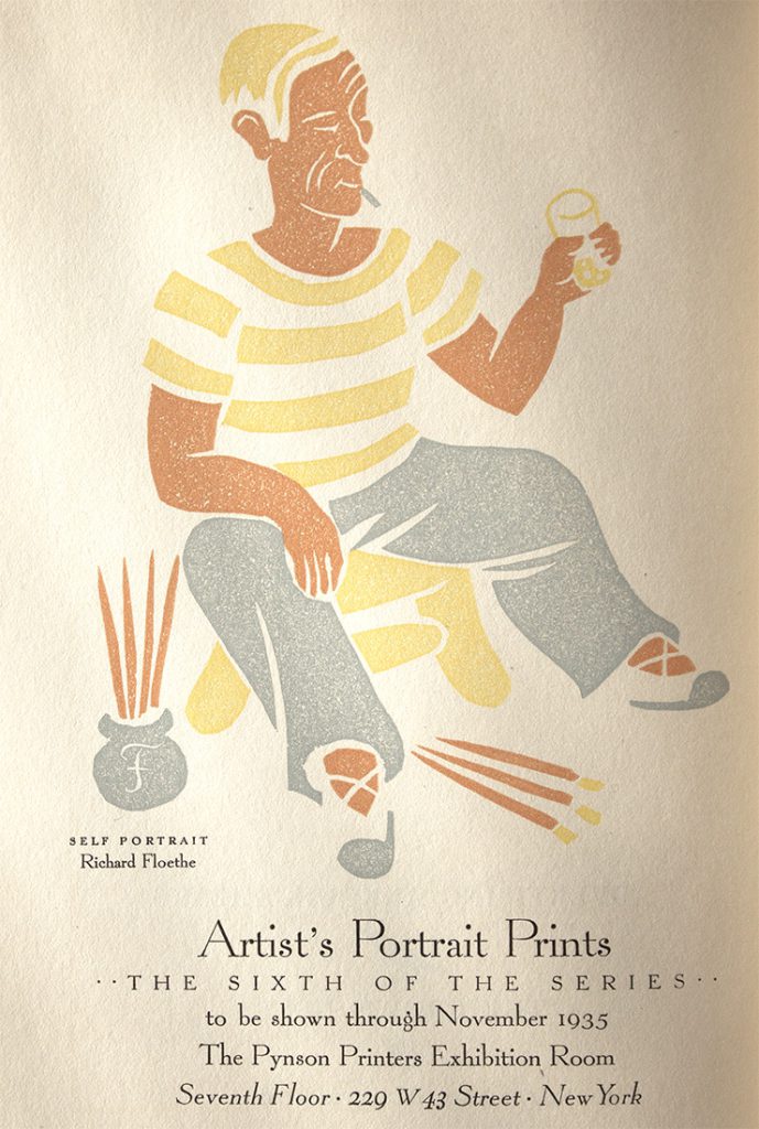 Richard Floethe's self portrait for a Notice in The Colophon New Series 1935 Autumn; printed from the blocks in three colours