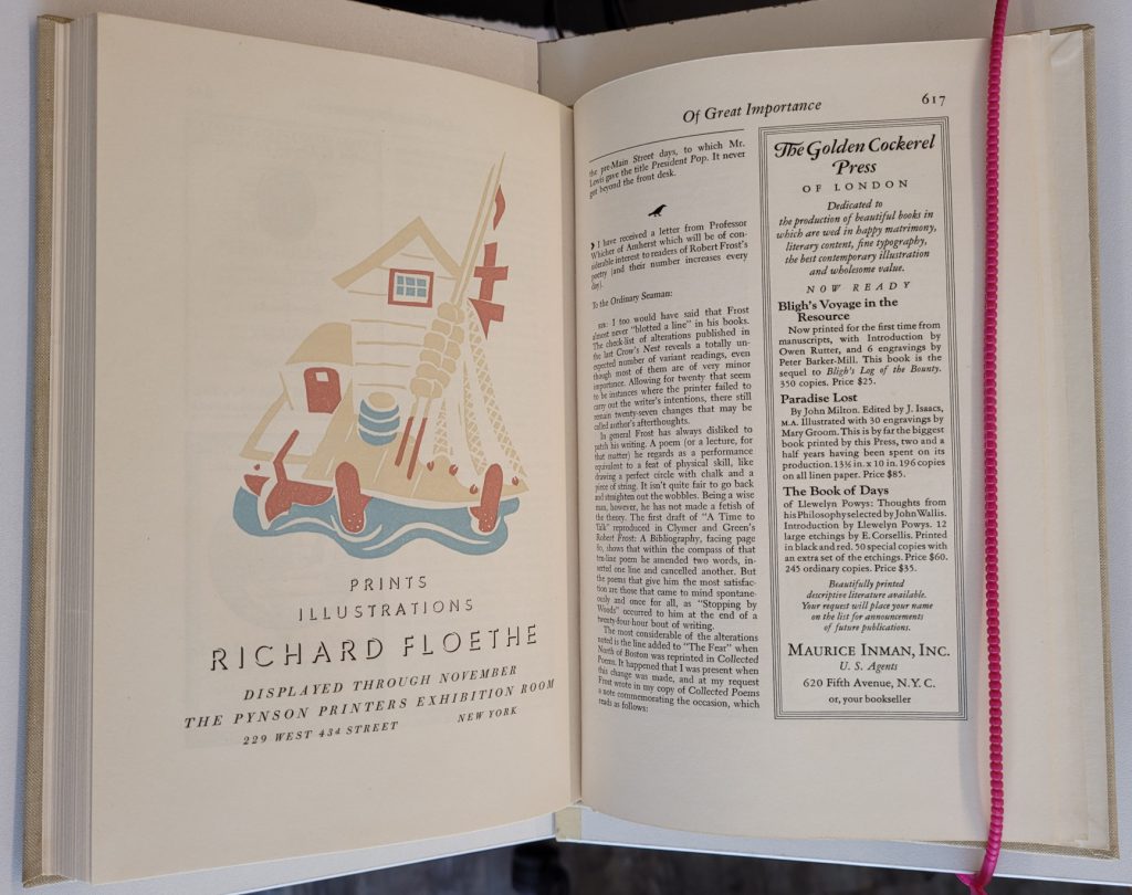 A notice in The Colophon New Series 1937 showing a sailing theme by Richard Floethe.