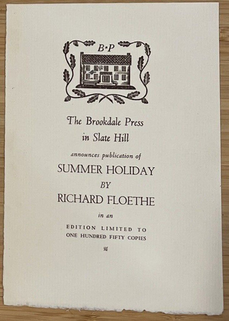 Announcement by The Brookdale Press for Richard Floethe's wordless novel, Summer Holiday, from 1939.