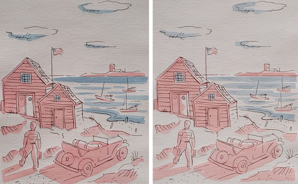 Image comparing the same page of Richard Floethe's wordless novel, Summer Holiday, and showing slight differences resulting from hand colouring.