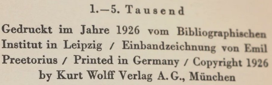 Text indicating the edition size for the 1926 Trade edition by Wolff of Masereels' wordless novel, Mein Stundenbuch.
