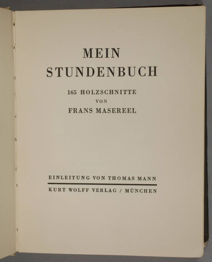Title page to the Trade edition of Masereel's wordless novel, Mein Stundenbuch, published by Kurt Wolff.