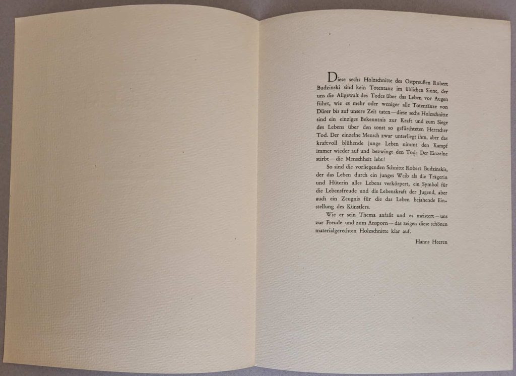 The introduction to Robert Budzinski’s 1948 Der Sieg des Lebens by Hanns Heering printed on the reverse side of the title page and limitation page.