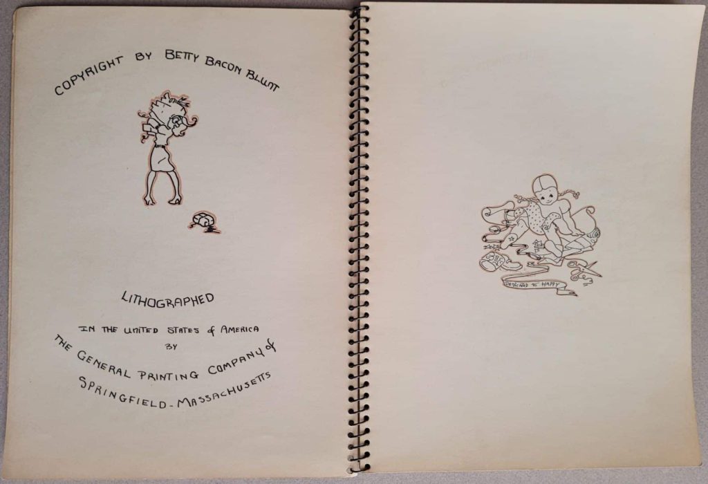 The copyright page and dedication to "Happy" of Betty Bacon Blunt's wordless novel, The Day Before Christmas.