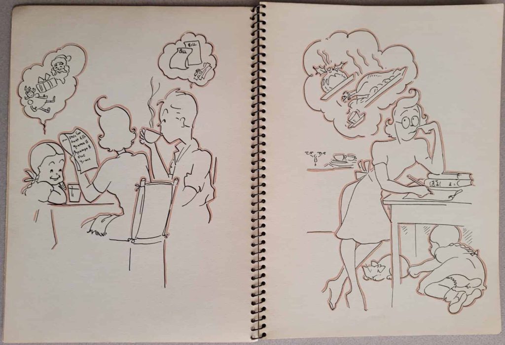 Sample pages of Betty Bacon Blunt's wordless novel, The Day Before Christmas, printed verso and recto.