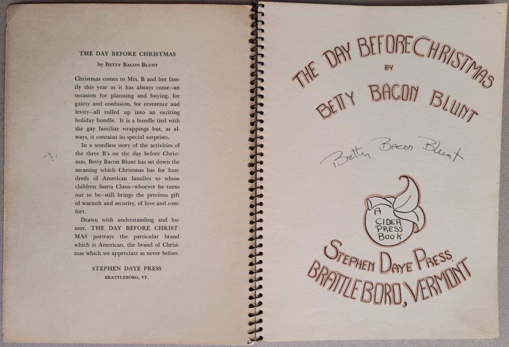 The introduction and the title page of Betty Bacon Blunt's wordless novel, The Day Before Christmas.