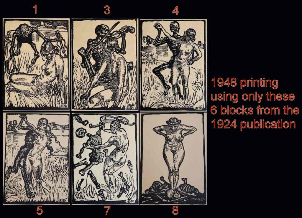 The 6 blocks (1, 3, 4, 5, 7, and 8) used from the 1924 edition to retell
the wordless story in the 1948 Der Sieg des Lebens by Robert Budzinski.