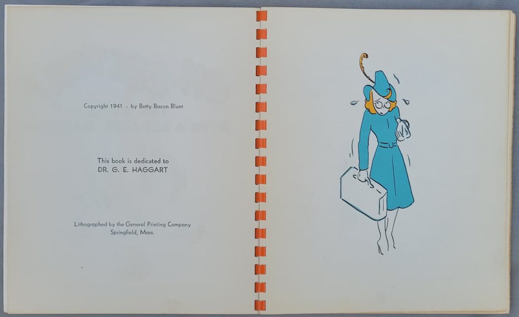 Copyright page to Betty Bacon Blunt’s 1941 wordless story, Oh Doctor!, with the first image of the story on the right hand page.