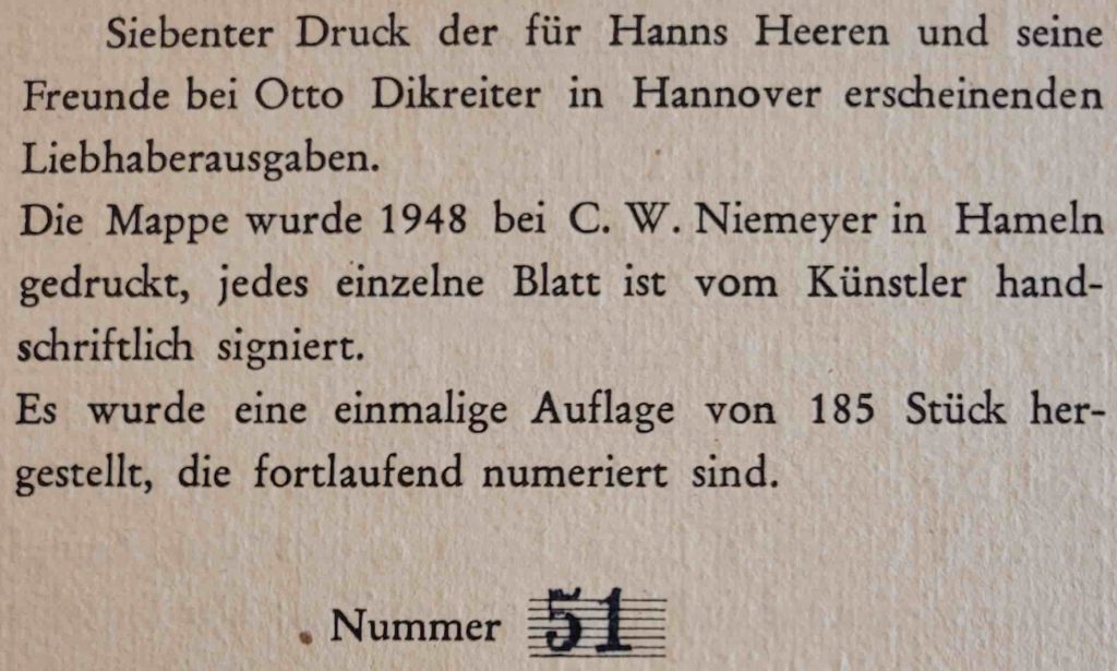 Detail from the limitation (colophon) page of Robert Budzinski's 1948 wordless narrative, Der Sieg des Lebens, showing that this is copy 51 out of 185.