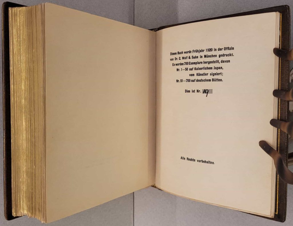 Colophon of Masereel's 1920 wordless novel, Mein Stundenbuch.