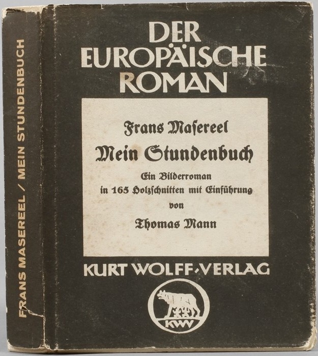 Dust jacket showing the front cover and spine
of the Wolff Trade edition of Masereel’s
woodcut novel, Mein Stundenbuch.