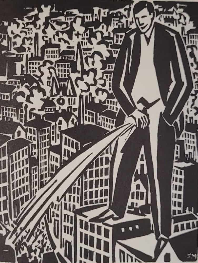 This image of the protagonist in Masereel's wordless novel, My Book of Hours, was one of two images omitted from a later USA publication of the same story.