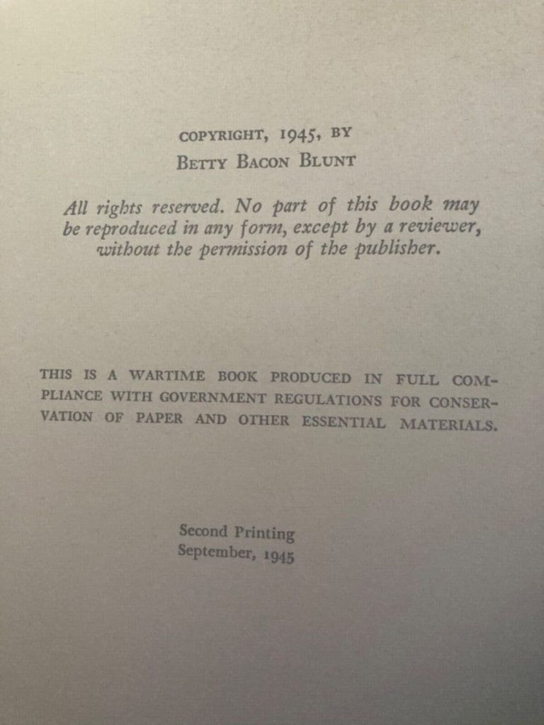 2nd printing, Sept 1945 of Betty Bacon Blunt's wordless
novel, Double Trouble. Note also for the 2nd printing that
this is a Wartime book in compliance with the regulations.
Photo credit: dehoarding123