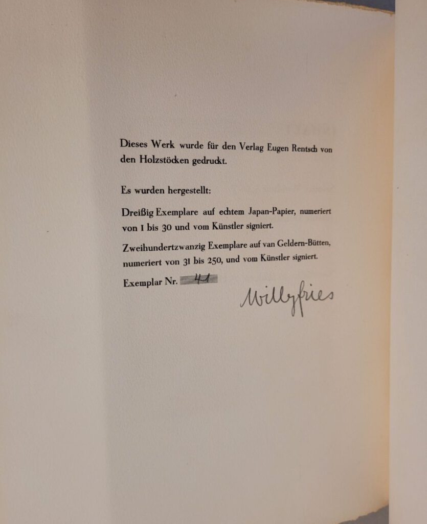 Colophon, pencil signed, and numbered
for Fries' edition of gottlose limited to 31 to 250 numbered copies.