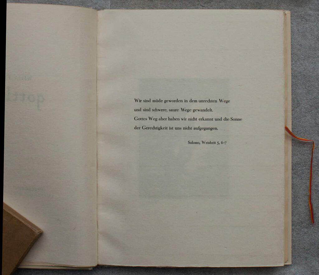 Biblical quote, Wisdom of Solomon: Chapter 5, v 6-7 for
Fries' edition of gottlose limited to 30 copies.