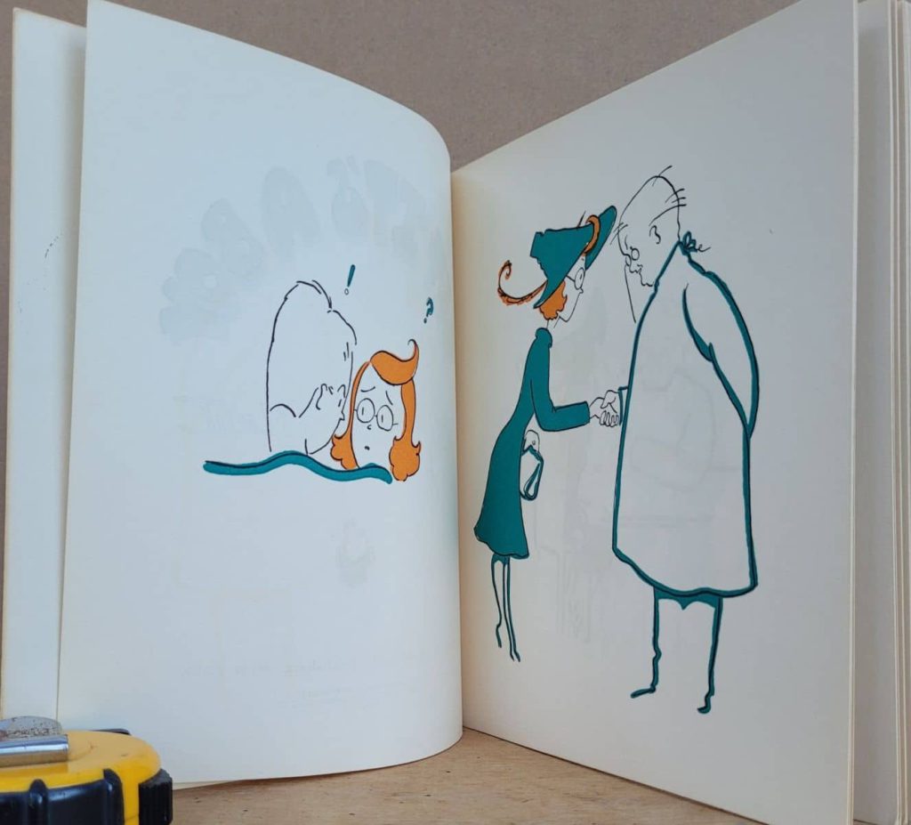 Betty Bacon Blunt's wordless novel, Bet It's a Boy perfect bound with images printed verso and recto (to save on paper?).