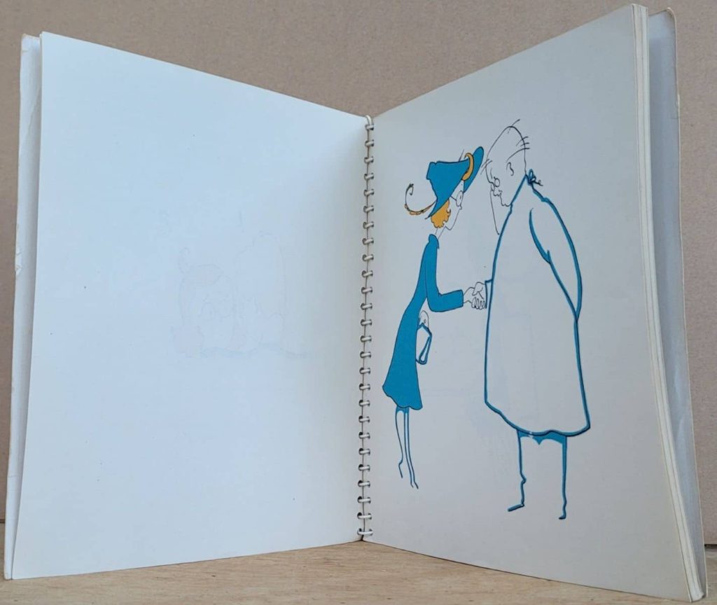 Betty Bacon Blunt's wordless novel, Bet It's a Boy - plastic wire spiral binding; all images printed recto.