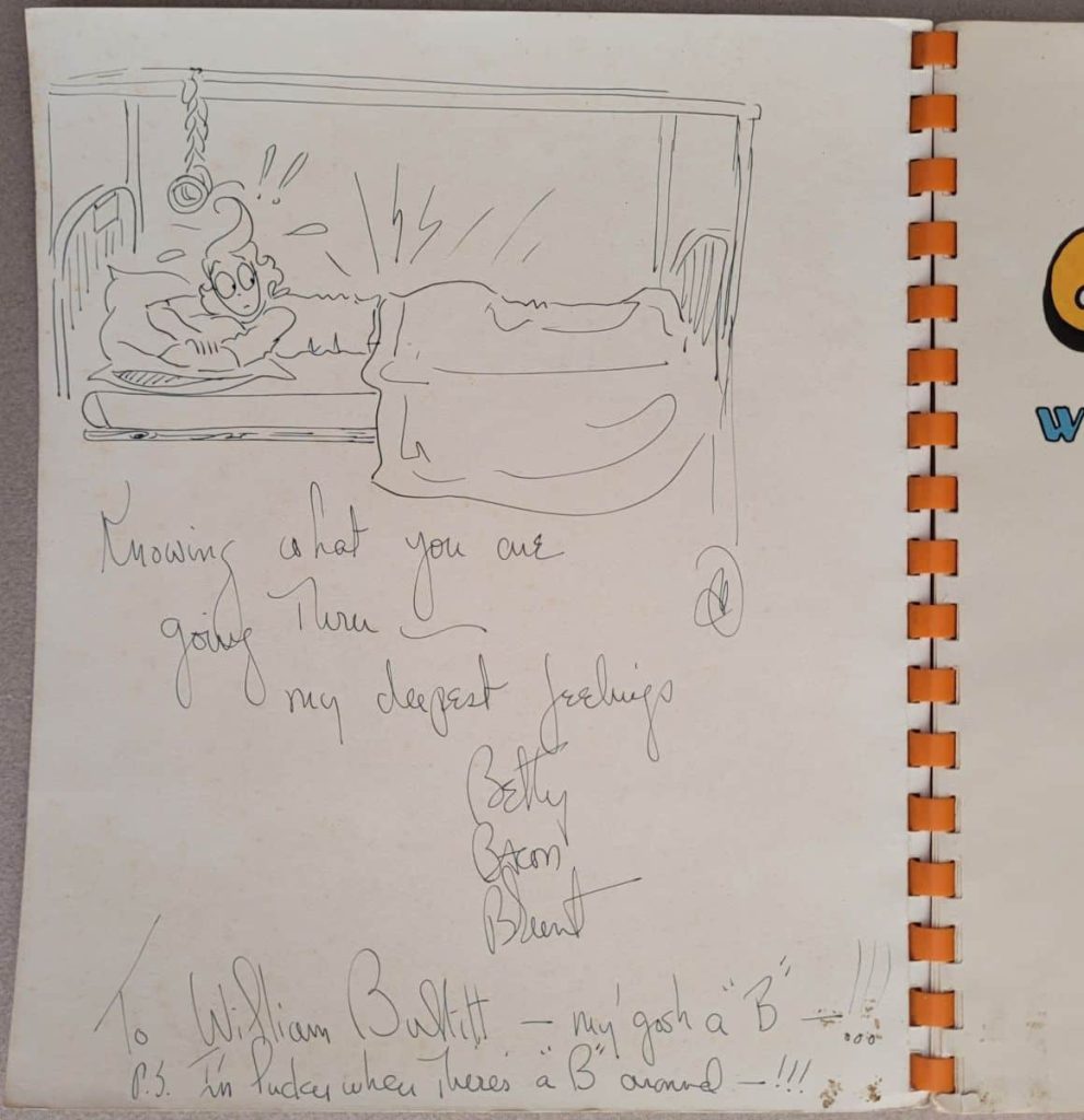 Blunt’s hand drawing and inscription to William Bullitt on the inside front cover of her wordless novel, Oh Doctor!.