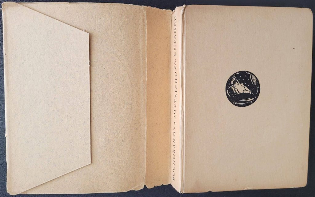 Note the embossing on the back side of the dust jacket (as one might expect when printed from a woodcut) of Bockorakova's 1930 novel, Enfance.