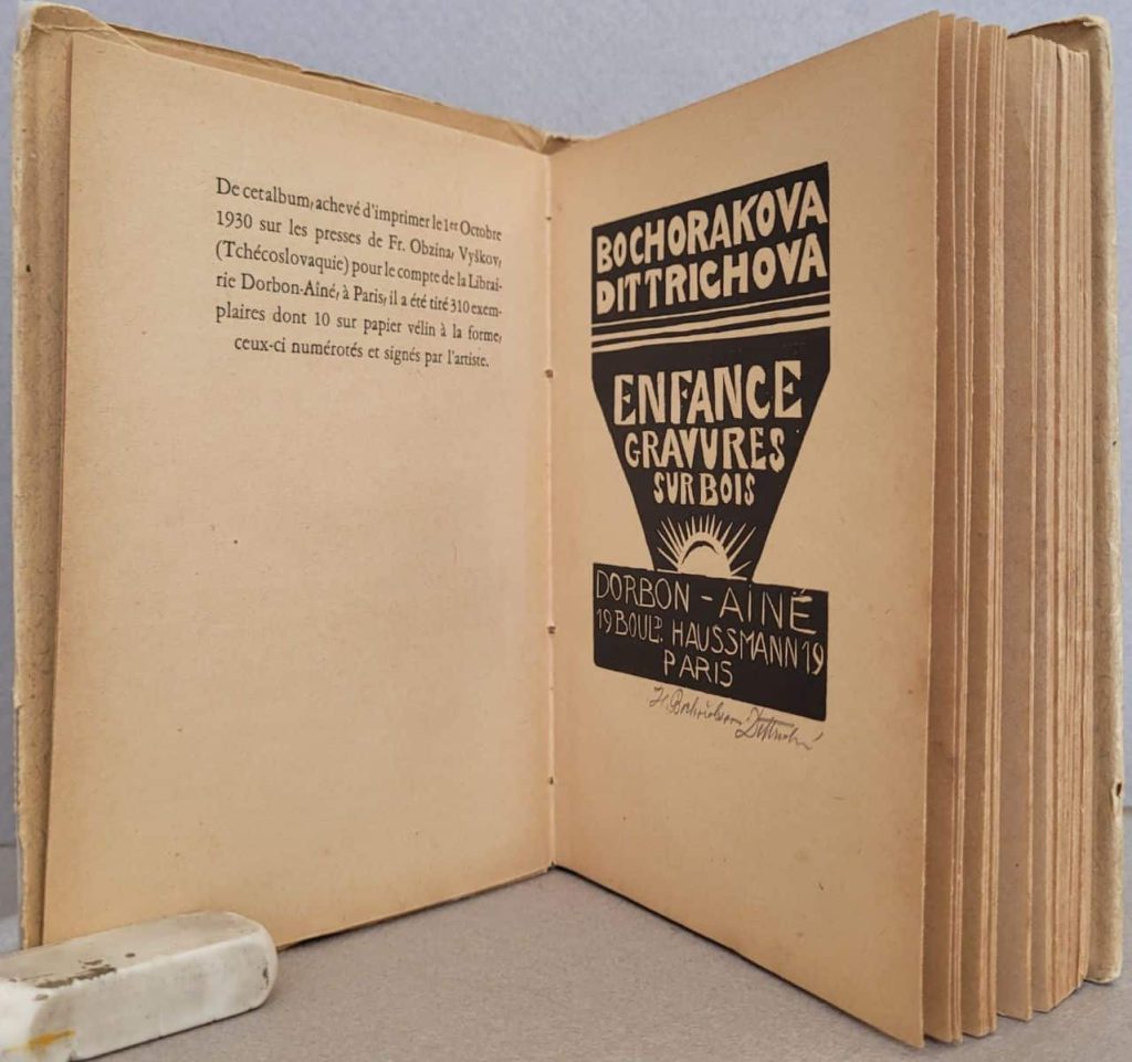 Bochorakova's 1930 novel, Enfance, Trade edition with Limitation (colophon) opposite the title page. This copy is signed on the title page but many were not signed at all. The lack of a signature is not a deficiency.