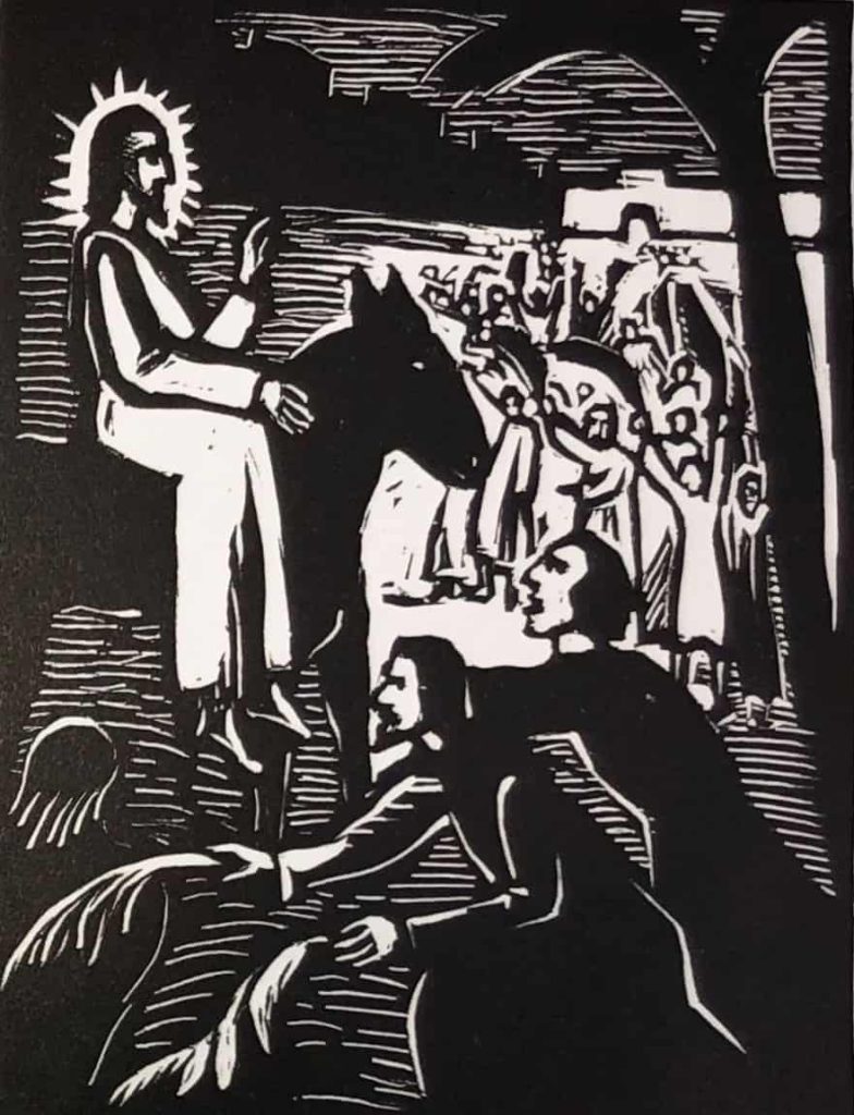 This woodcut image from Helena Bochoráková’s
wordless Kristus illustrates Christ riding
a donkey into Jerusalem.