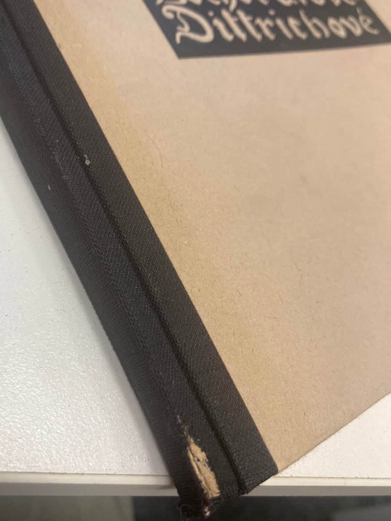 Another example of a tear in the cloth spine of Helena
Bochoráková-Dittrichová's wordless book, Kristus.
Image credit: Avion