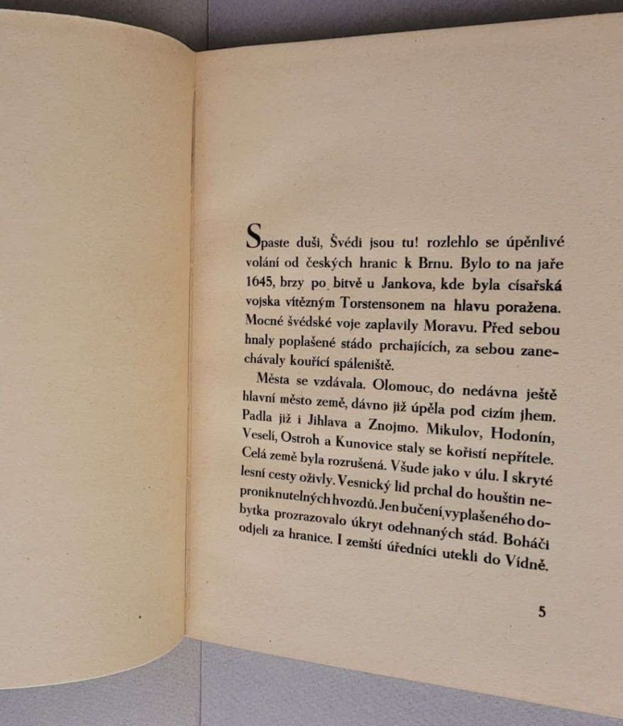 The first page of the Introduction to Bochorakova's book,
Švédové Pred Brnem. The author is not indicated but presumably it is by the artist.