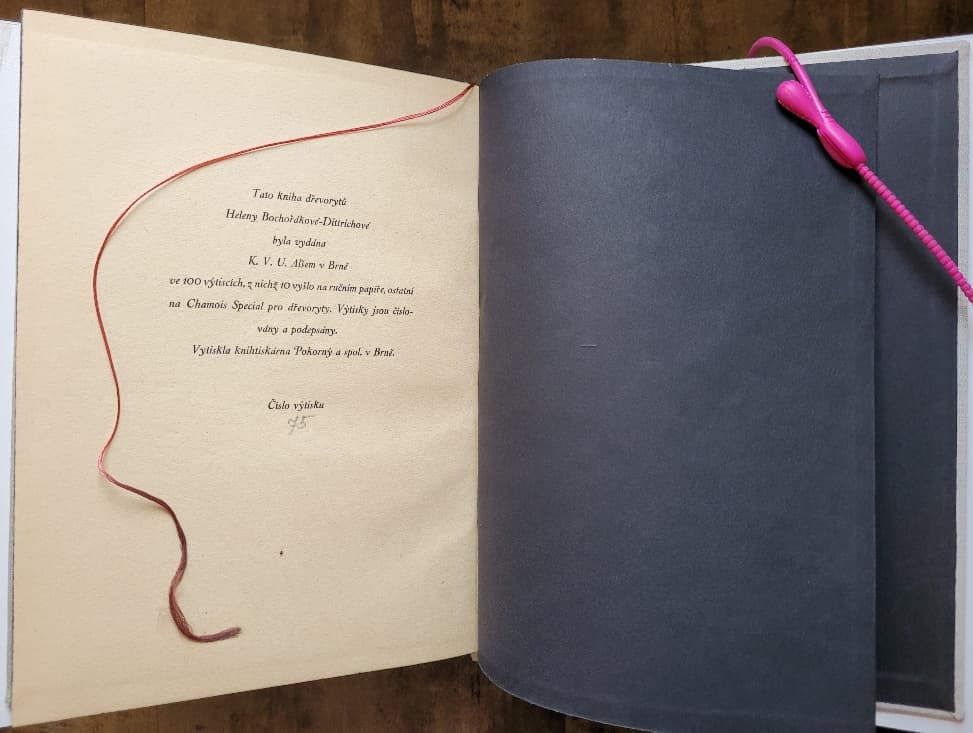 The limitation (colophon) page of the limited edition (90 copies) of Bochoráková’s wordless
novel, Švédové Pred Brnem, numbered in pencil. Red ribbon bound in.