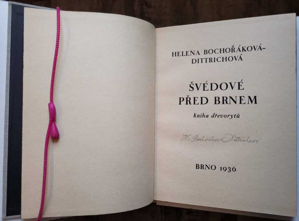 Title page of the limited edition (90 copies) of Bochoráková’s wordless
novel, Švédové Pred Brnem, with pencil signature.
