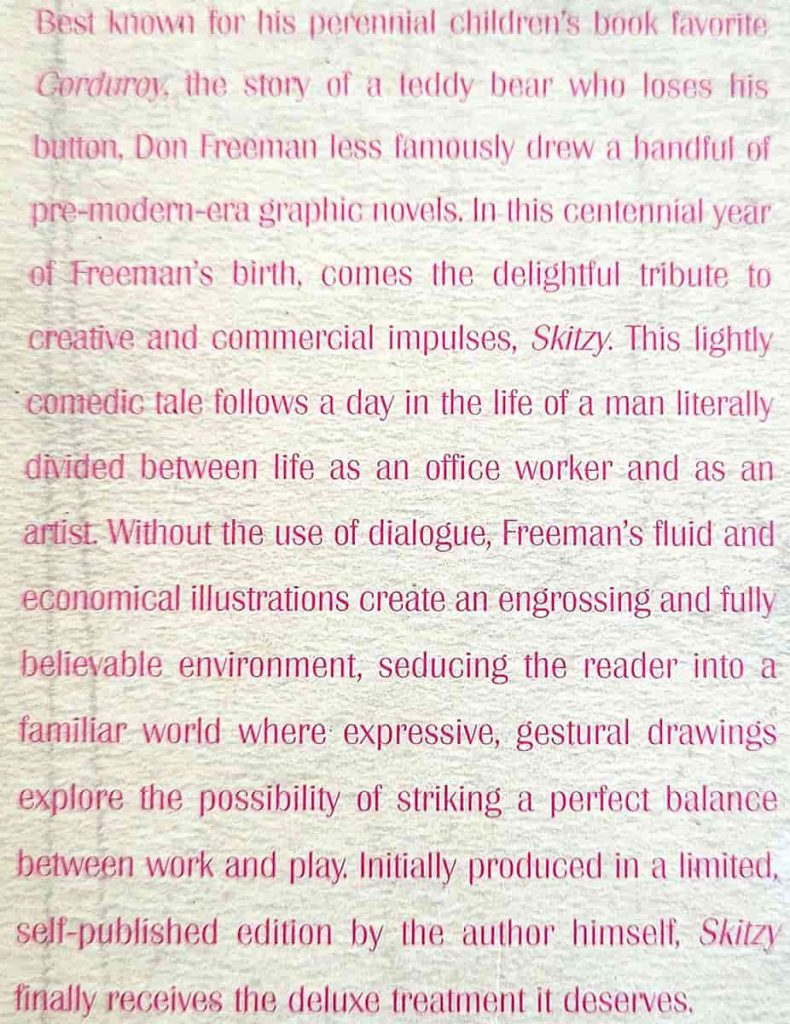 Back cover detail of Don Freeman's wordless 2008 reprint of Skitzy.
