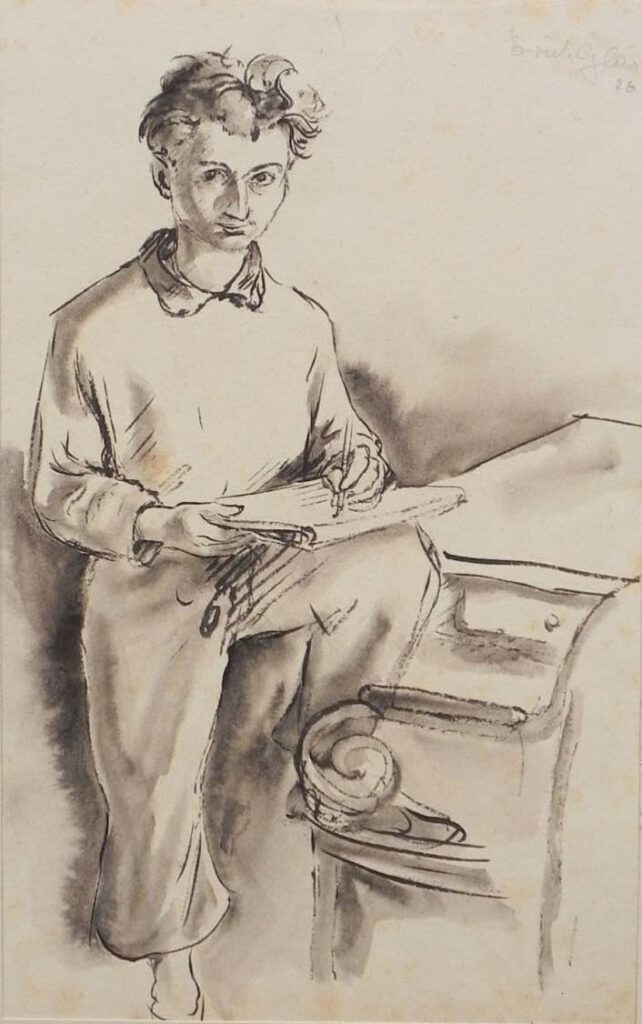 Air Glass 1926 self-portrait ink drawing.