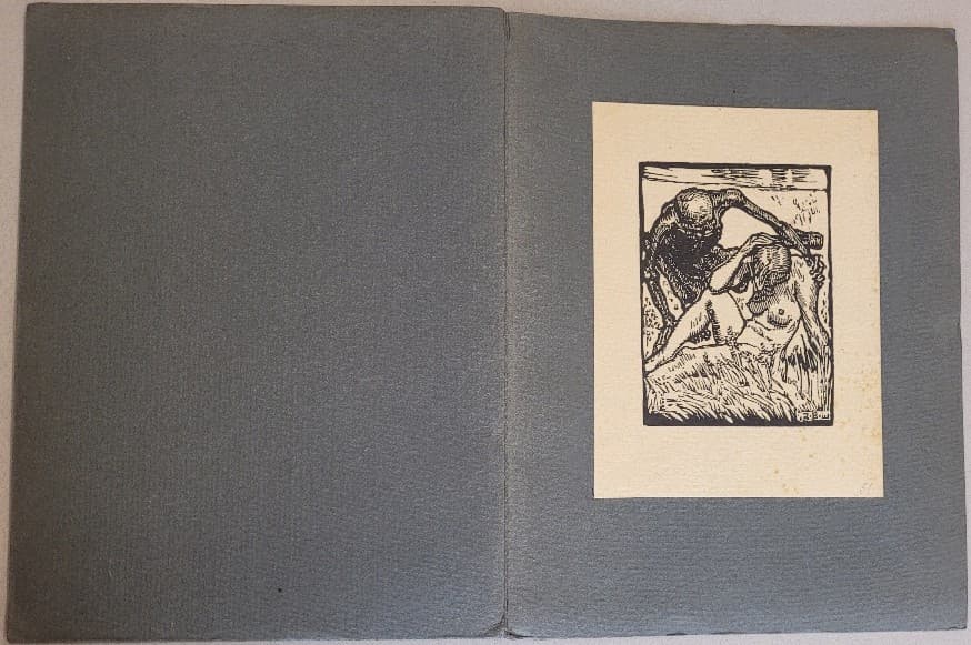 1948 folder cover of Robert Budzinski's wordless novel, Der Sieg des Lebens, showing Death approaching a despondent-looking woman.