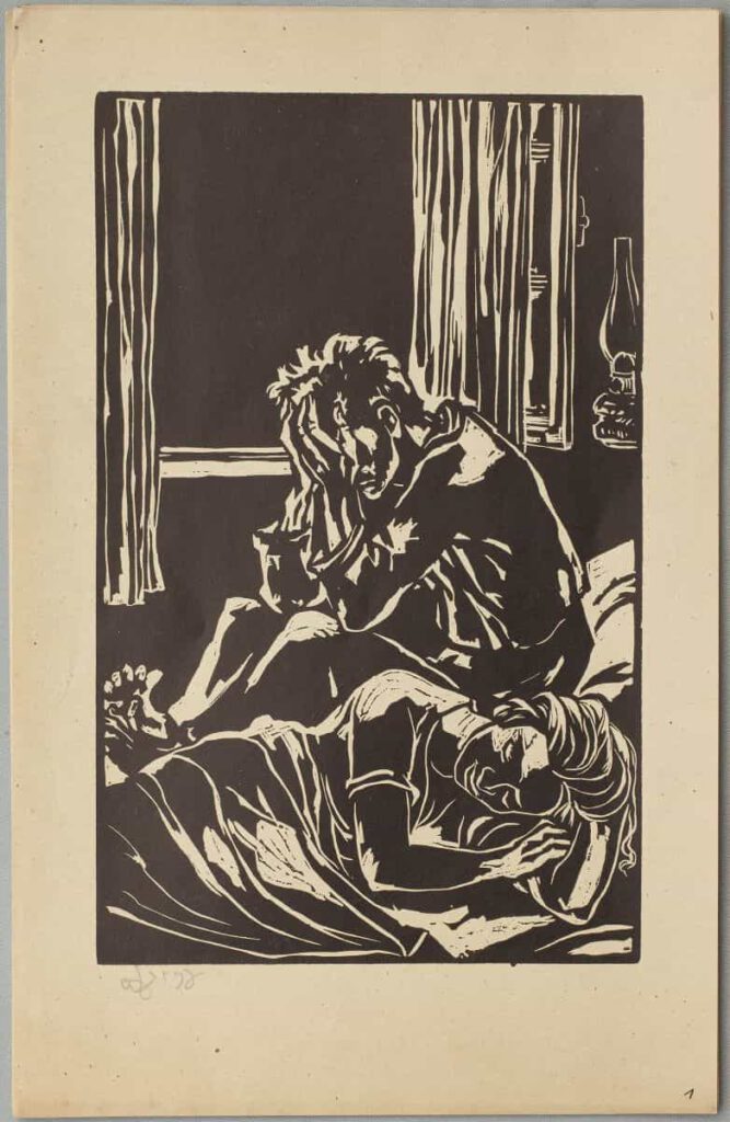 First image of Ari Glas' 1943 wordless story,Through the Night. Titled Evening - a reference to Glas being feverish??
NOTE: pencil signature LL and ink numbering lower right.