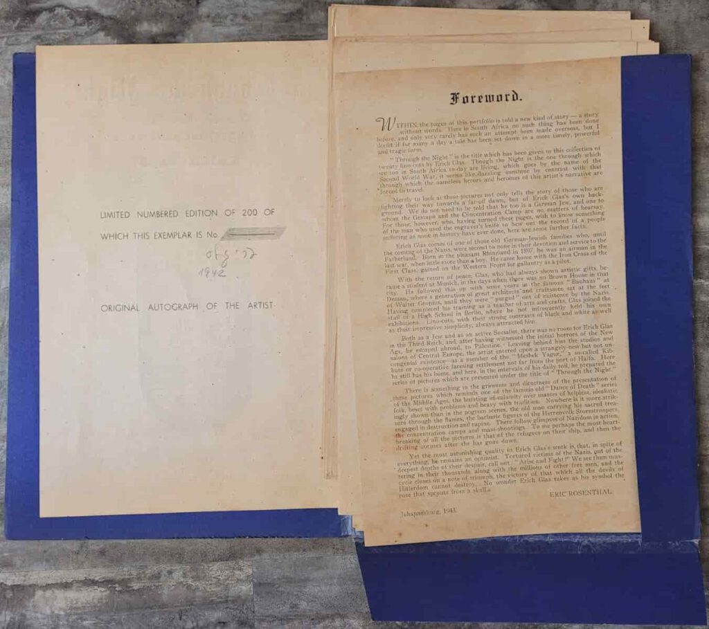 Limitation page and foreword in the folder of Ari Glas' 1943 wordless story,Through the Night
NOTE: this copy in unnumbered but signed and dated 1942