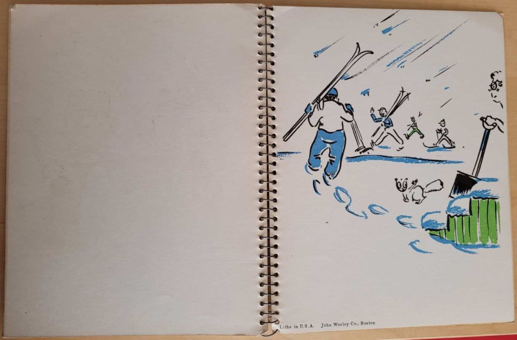 Last page of John Delano's wordless novel, Ski Daddle, with printer's name, John Worley Co., Boston.