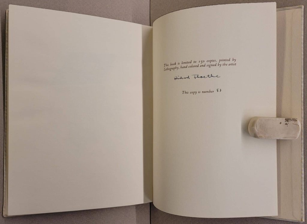 Colophon of Richard Floethe's wordless novel,
Summer Holiday. Signed and numbered
by the artist.