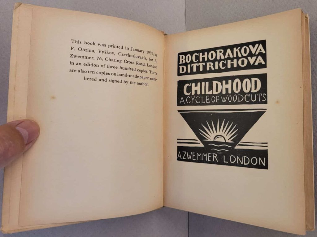 Limitation page facing the title page of Bochorakova's
1931 wordless novel, Childhood. Only the 10
special copies need to be signed.