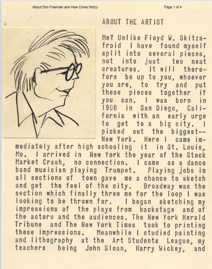 Page 1 of Don Freeman’s introduction for the 1956 show of Skitzy at the Museum of the City of New York.