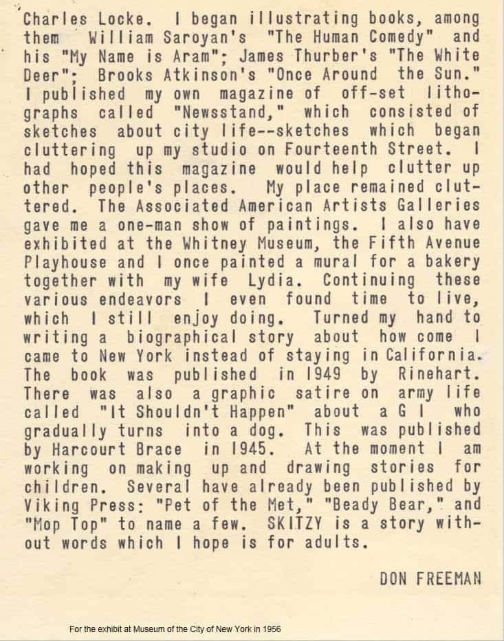 Page 2 of Don Freeman’s introduction for the 1956 show of Skitzy at the Museum of the City of NY.