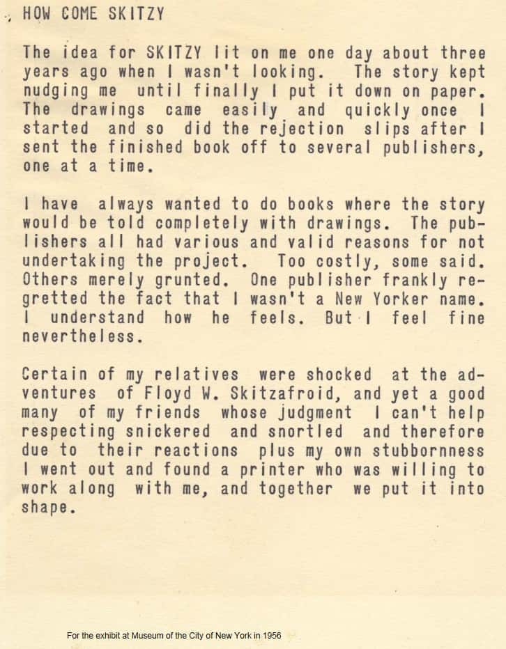 Page 3 of Don Freeman’s introduction for the 1956 show of Skitzy at the Museum of the City of NY.