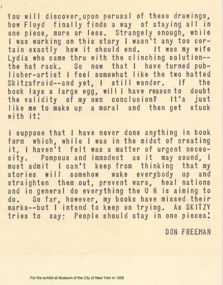 Page 4 of Don Freeman’s introduction for the 1956 show of Skitzy at the Museum of the City of NY.