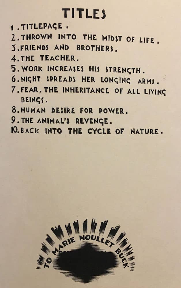 Index of images titles to Roger Buck's wordless novel, Adahom. Dedication to his wife, Marie Noullet (her maiden name).