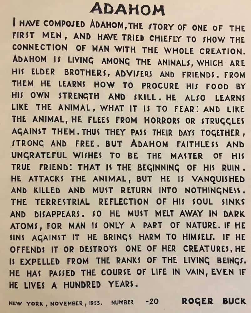 Introduction from Roger Buck's
1934 wordless novel, Adahom.