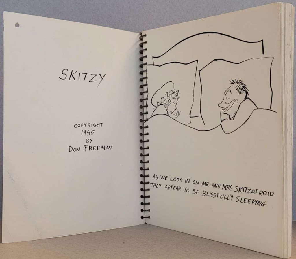 Copyright page and WORDS under image 1 of Don Freeman’s wordless 1955 novel, Skitzy.