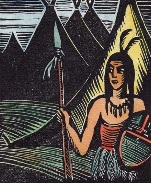 The first image in Bochorakova's wordless novel,
Indiáni Jindy a Dnes. All the prints were black and
white but this is one of the few examples of hand colouring.