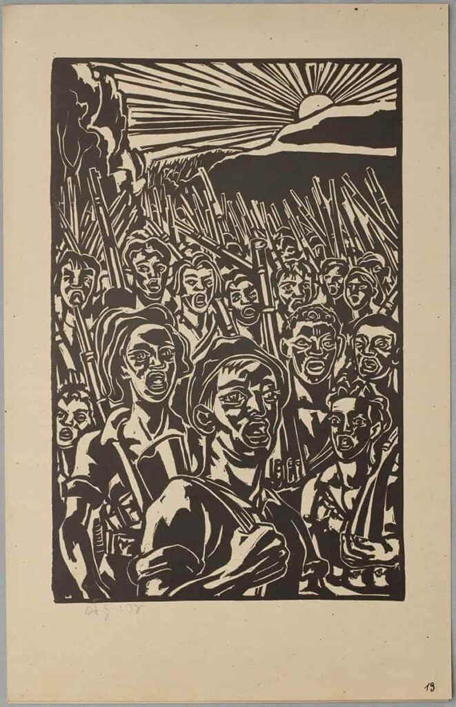 Final image of Ari Glas' 1945 wordless holocaust story, Leilot - changed from the 1943 edition. Note: page numbers printed just under the image.
