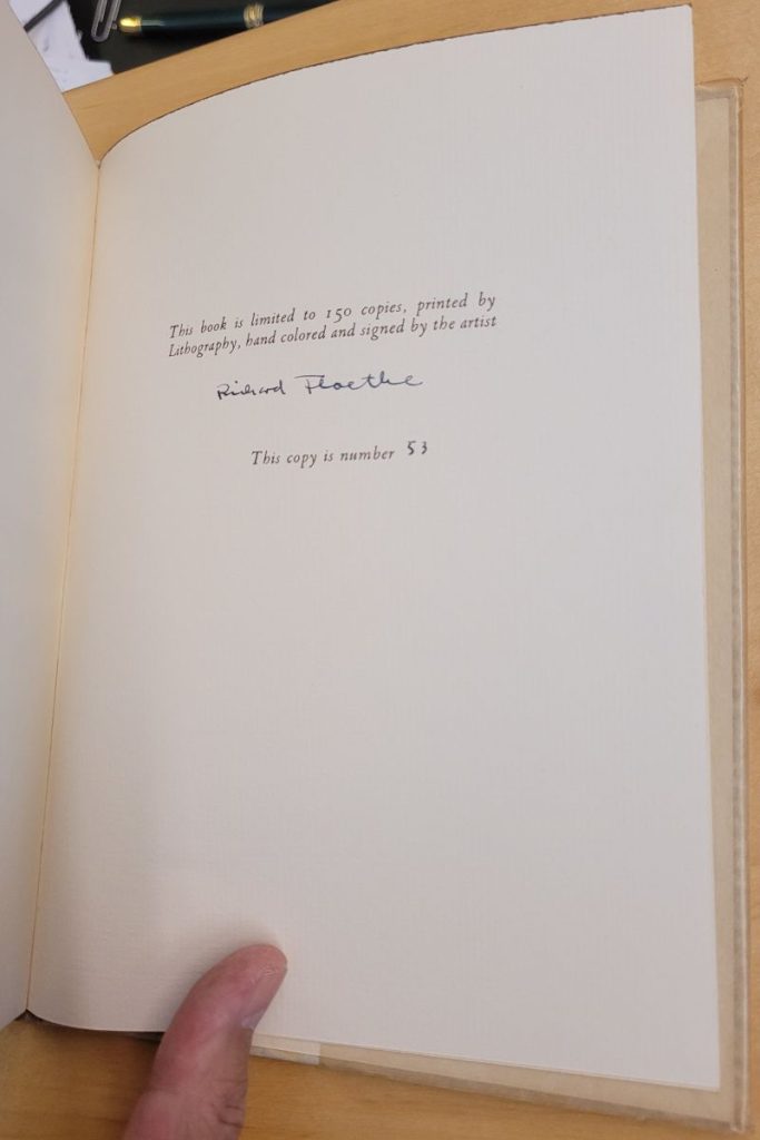 Limitation/colophon page of Richard Floethe's wordless
novel, Summer Holiday. Limited to 150 copies printed
by Lithography, hand colored, signed,
and numbered by the artist.