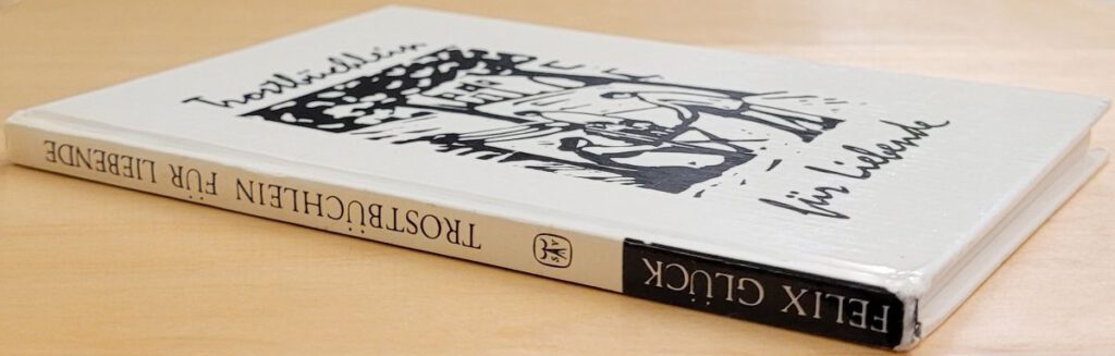 Spine and front cover of the 1966 wordless novel by Felix Gluck, Trostbüchlein für Liebende.