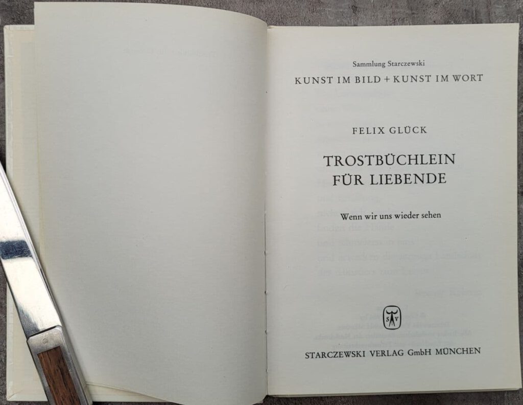 Title page of the 1966 wordless novel by Felix Gluck, Trostbüchlein für Liebende.